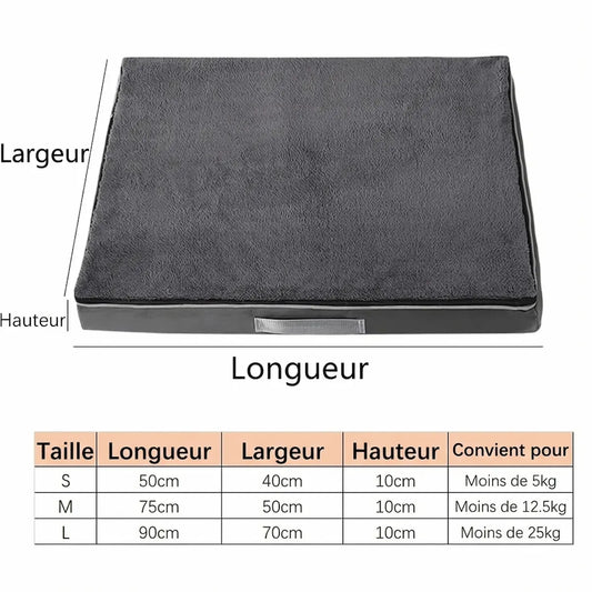 Tableau des dimensions du lit orthopédique pour chien Patte Douce. Guide des tailles S, M et L avec mesures précises en cm et poids recommandé pour choisir le couchage adapté à la morphologie de votre animal.