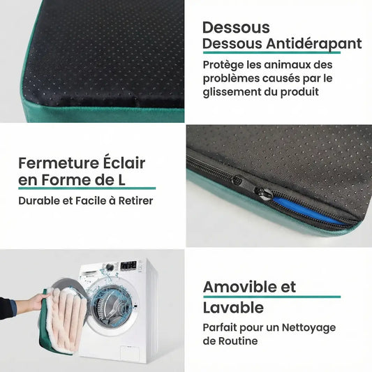 Lit pour chien avec dessous antidérapant, fermeture éclair en L durable et housse amovible lavable en machine.
