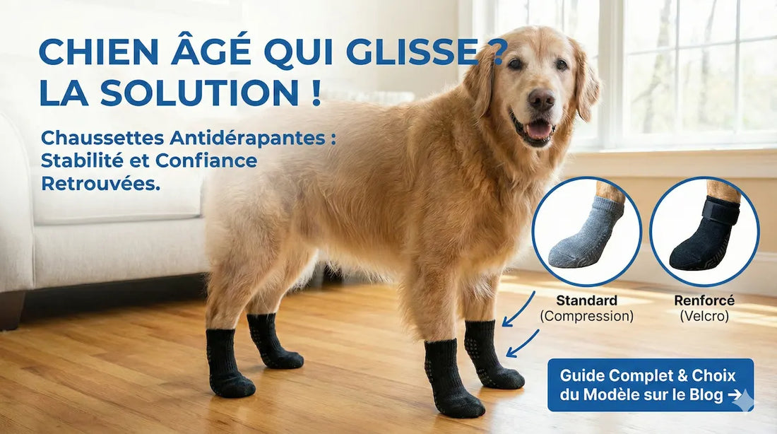 Bannière de l'article "Chien âgé qui glisse ? La solution !", montrant un Golden Retriever stable sur du parquet grâce à des chaussettes antidérapantes, avec un aperçu des modèles standard et renforcé.