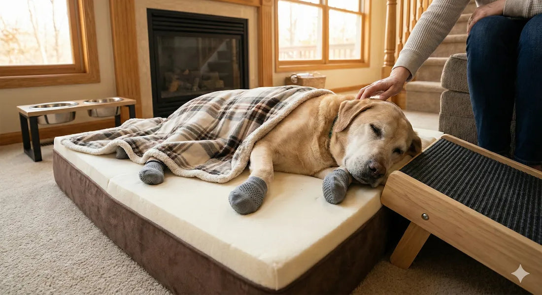 Vieux chien au museau gris couché au sol, illustrant la fatigue et la douleur liées à l'arthrose canine