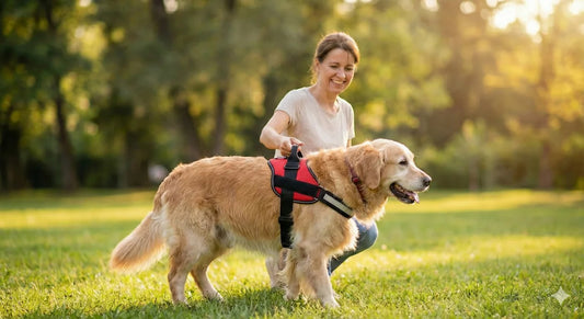 Guide complet Patte-Douce sur les harnais de levage : chien âgé retrouvant le plaisir de marcher grâce au soutien orthopédique, solution contre la dysplasie et la paralysie.