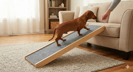 Teckel utilisant une rampe d'accès : guide prévention hernie discale et maux de dos