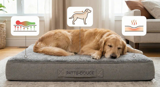 Lit orthopédique chien Patte-Douce : schéma des bienfaits de la mémoire de forme sur la pression, l'alignement vertébral et l'arthrose