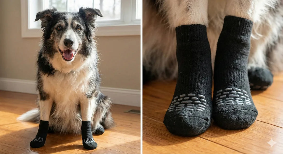 Chien âgé assis paisiblement sur du carrelage équipé de chaussettes antidérapantes pour ne plus glisser
