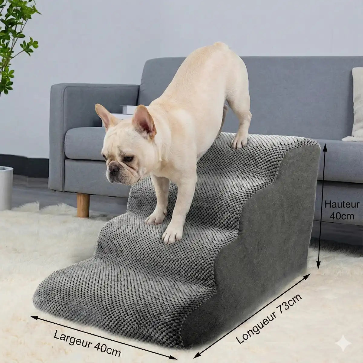 Détails techniques de l'escalier pour chien : gros plan sur le tissu à particules 3D antidérapant, la texture douce, la housse détachable avec fermeture éclair et la résistance du matériau.