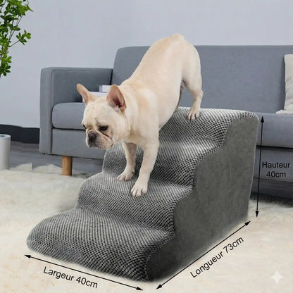 Détails techniques de l'escalier pour chien : gros plan sur le tissu à particules 3D antidérapant, la texture douce, la housse détachable avec fermeture éclair et la résistance du matériau.