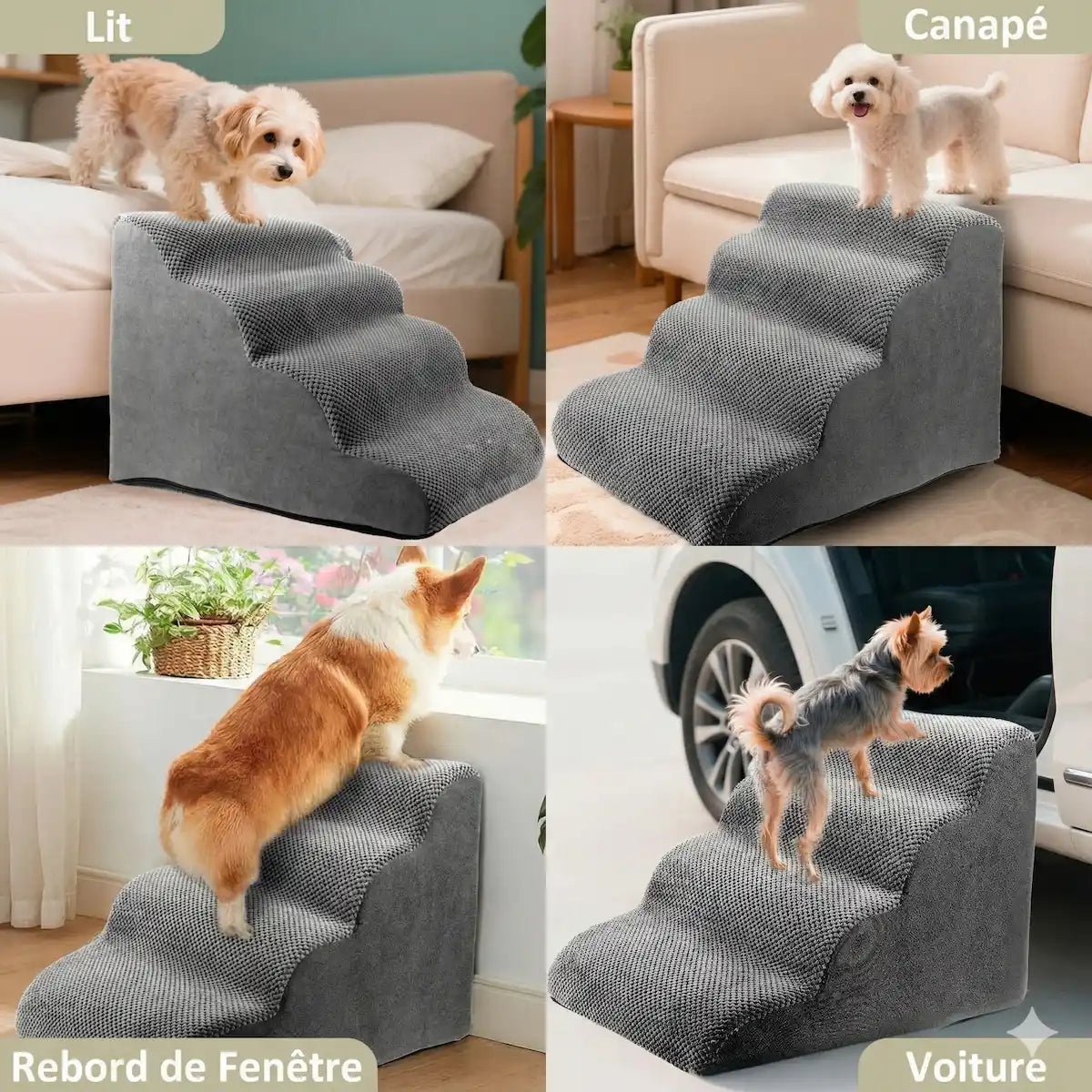 Collage montrant 4 utilisations de l'escalier pour chien gris : accès facile au lit, au canapé, à la voiture et au rebord de fenêtre.