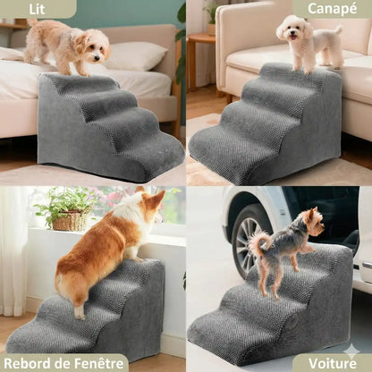 Collage montrant 4 utilisations de l'escalier pour chien gris : accès facile au lit, au canapé, à la voiture et au rebord de fenêtre.