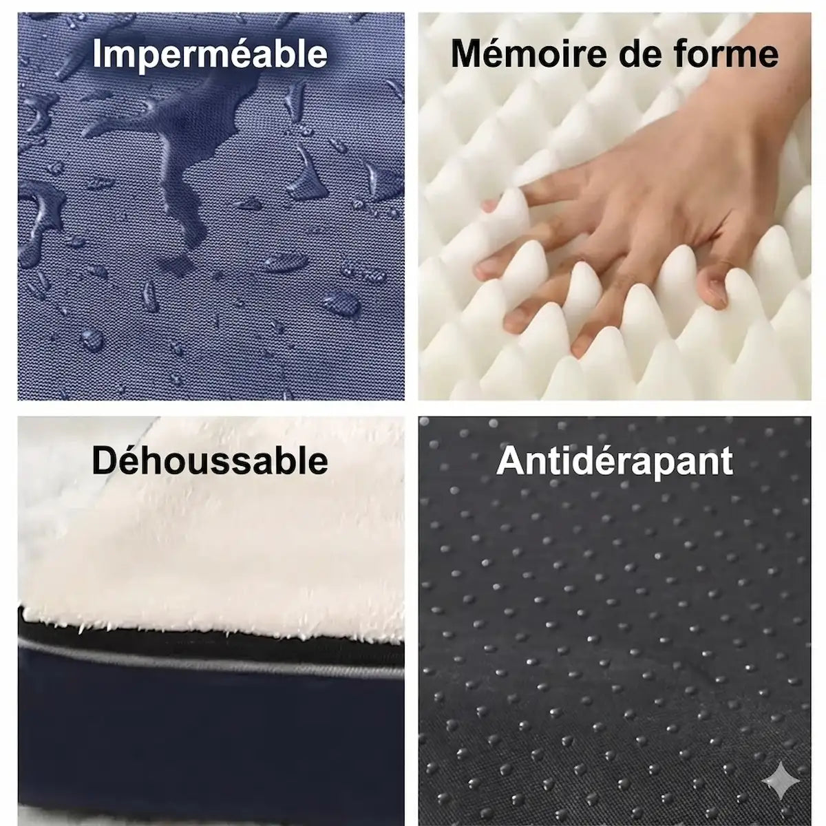 Détail des 4 atouts du lit orthopédique Patte Douce : tissu imperméable déperlant, mousse à mémoire de forme haute densité, housse déhoussable zippée et base antidérapante pour la sécurité.