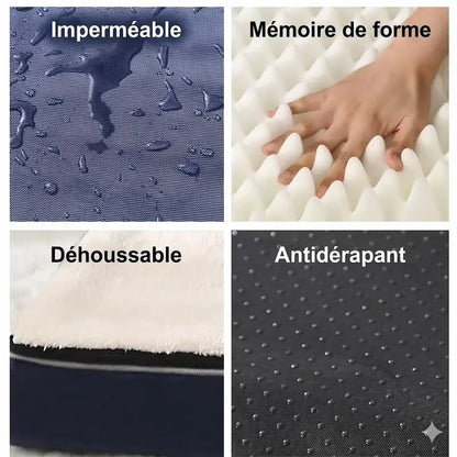 Détail des 4 atouts du lit orthopédique Patte Douce : tissu imperméable déperlant, mousse à mémoire de forme haute densité, housse déhoussable zippée et base antidérapante pour la sécurité.
