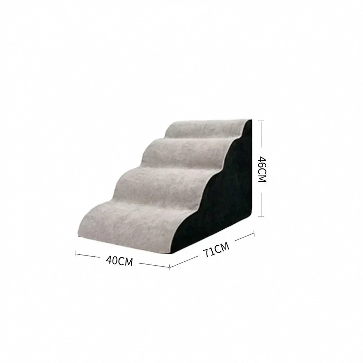 Schéma des dimensions de l'escalier pour chien Patte Douce, modèle 4 marches : Largeur 40CM, Profondeur 71CM, Hauteur 46CM.