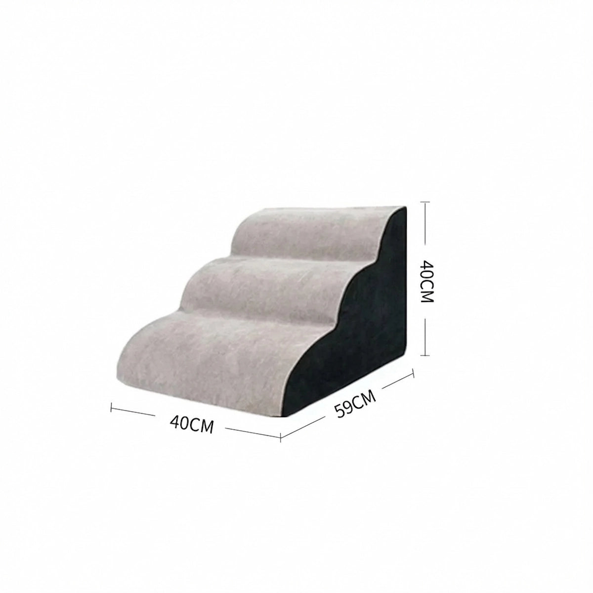 Schéma des dimensions de l'escalier pour chien Patte Douce, modèle 3 marches (grand) : Largeur 40CM, Profondeur 59CM, Hauteur 40CM.