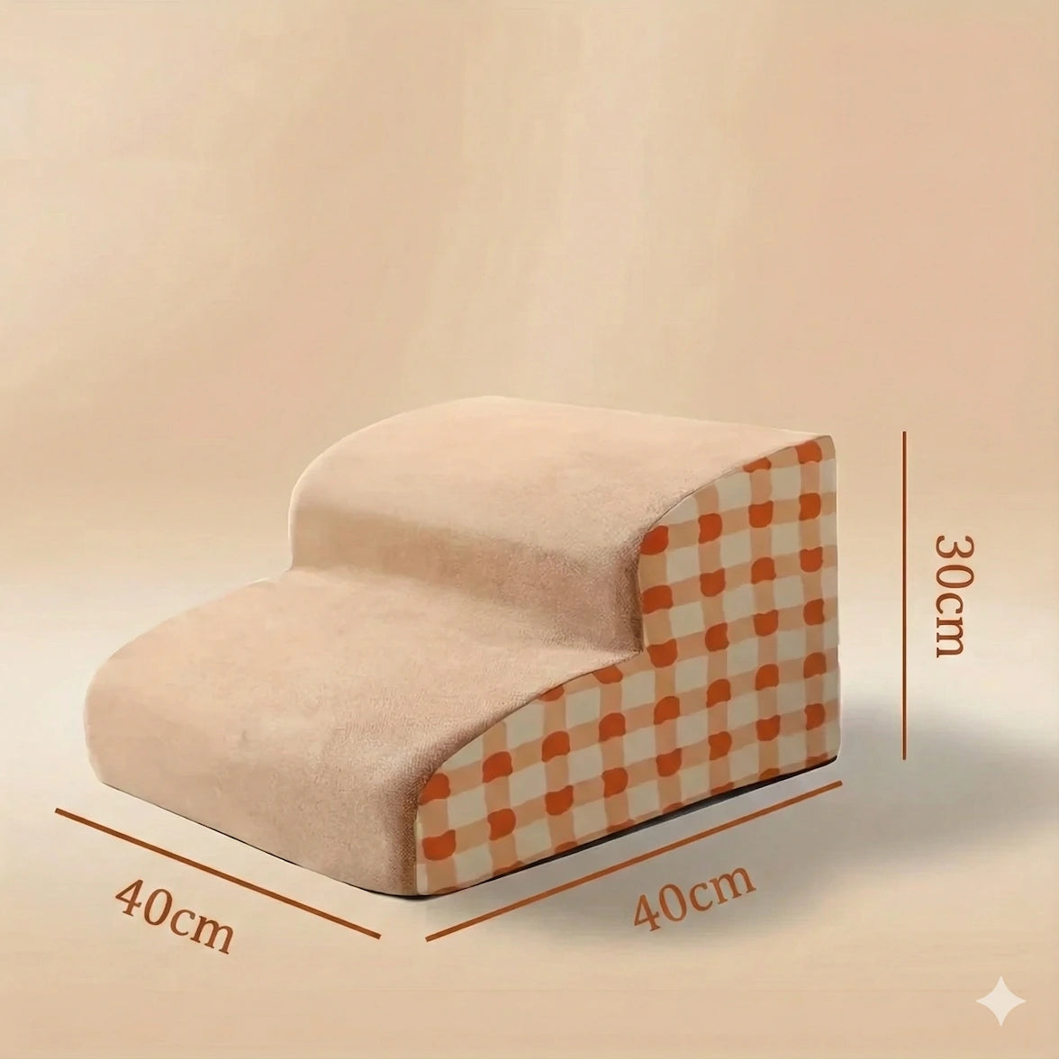 Escalier pour animal de compagnie 2 marches en tissu beige avec côtés à carreaux orange, dimensions affichées 40cm de largeur et 30cm de hauteur.