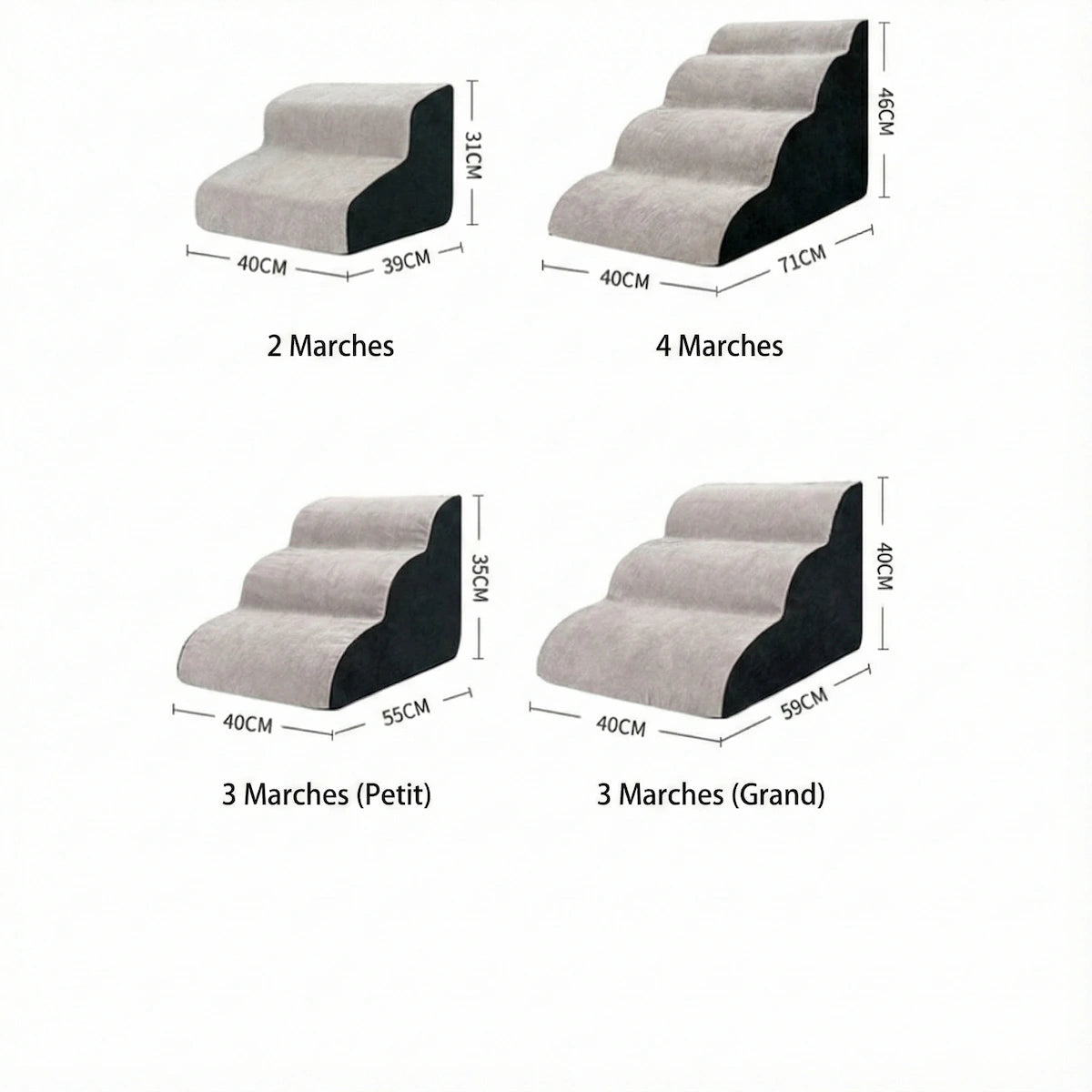 Schéma des dimensions de l'escalier pour chien en mousse : modèles 2, 3 et 4 marches pour aider les petits chiens à monter sur canapé ou lit.