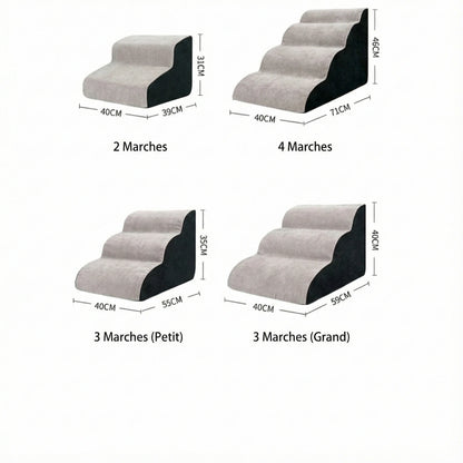 Schéma des dimensions de l'escalier pour chien en mousse : modèles 2, 3 et 4 marches pour aider les petits chiens à monter sur canapé ou lit.