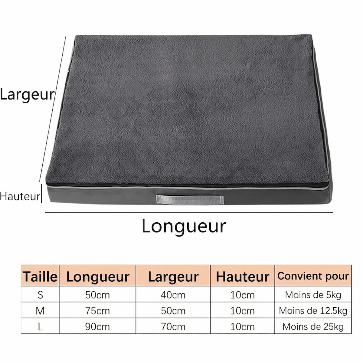 Tableau des dimensions du lit orthopédique pour chien Patte Douce. Guide des tailles S, M et L avec mesures précises en cm et poids recommandé pour choisir le couchage adapté à la morphologie de votre animal.