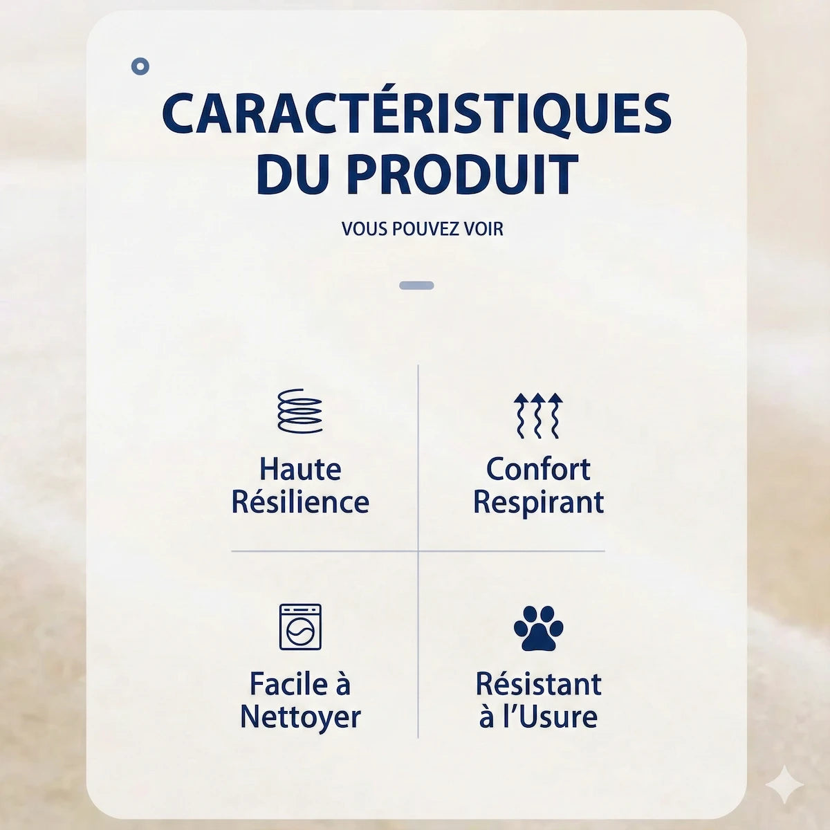 Infographie détaillant les caractéristiques clés d'un produit pour animaux Patte Douce : matériau à haute résilience, confort respirant, facile à nettoyer et résistant à l'usure.