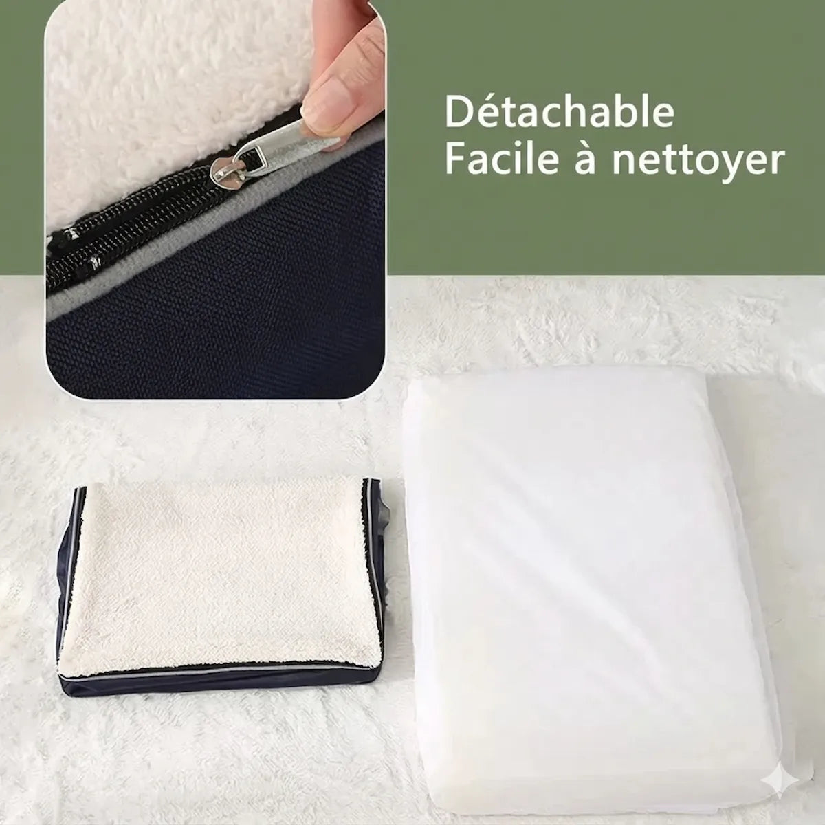 Détail de la housse du lit orthopédique pour chien : fermeture éclair robuste et mousse intérieure facile à retirer. Mention : Détachable et Facile à nettoyer.